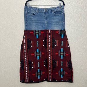 Handmade Denim Blanket Skirt Ankle Length Aztec Southwestern Print Size 15